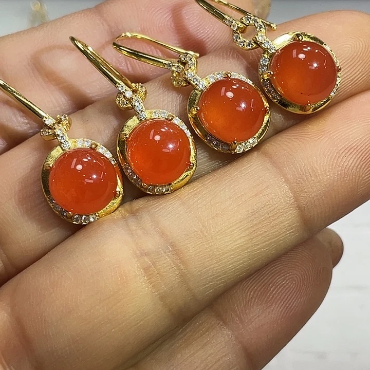 南红玛瑙银S925镶嵌耳饰颜色多样性发货拍一发一