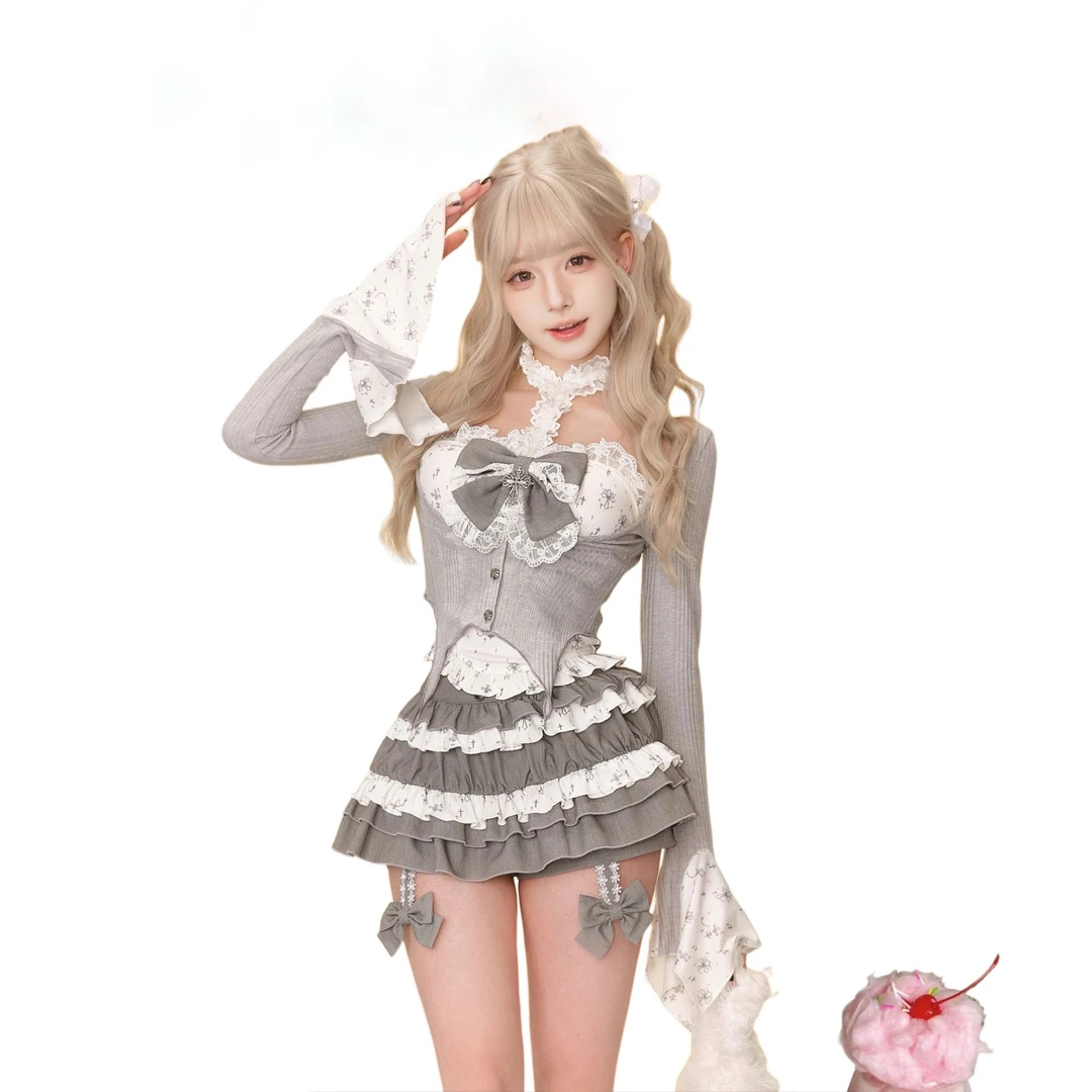 2025春季新款学院风少女抹胸上衣开衫内搭高腰蝴蝶结蛋糕裙三件套