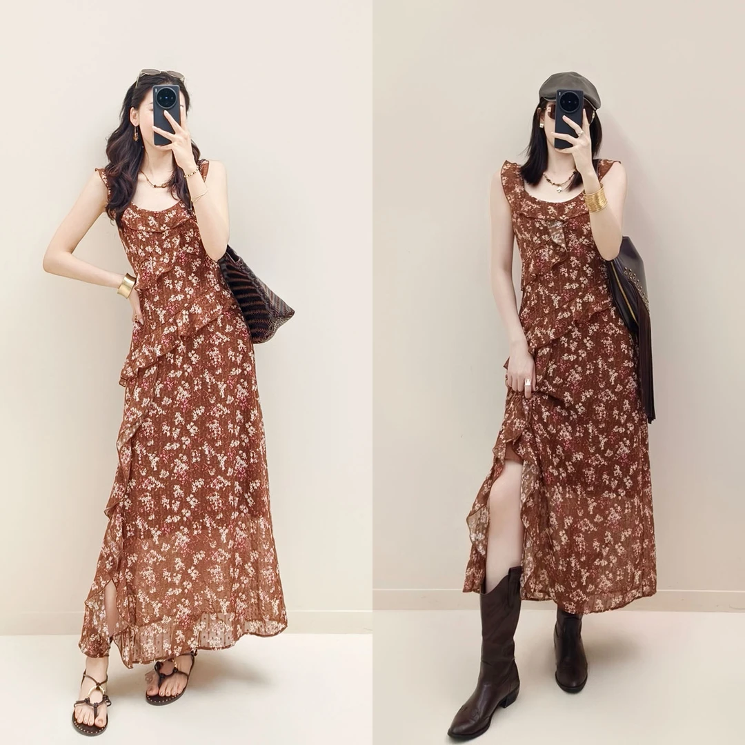 A美洋MEIYANG【商场同款】西西里连衣裙 复古印花荷叶边吊带裙-周五