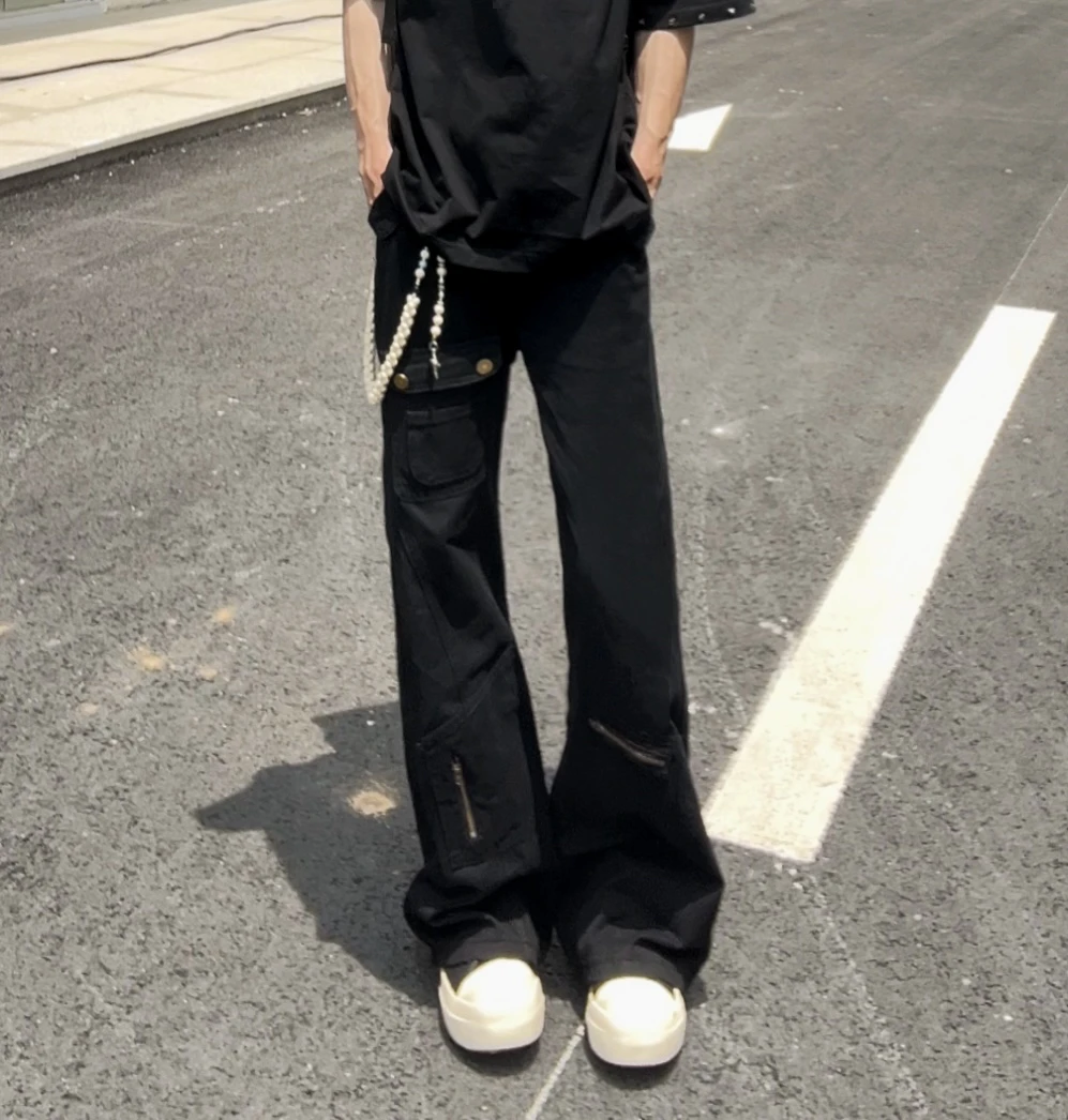 LJFTZ&美式设计感多口袋微喇直筒高腰牛仔裤春秋男女拖地工装裤子