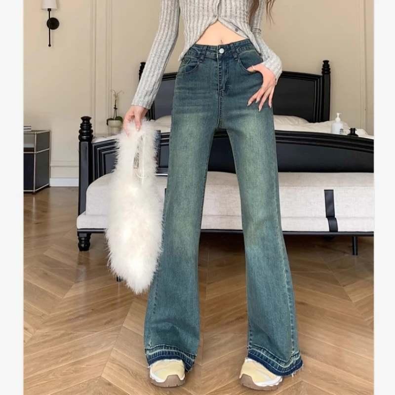 【4890低价清货】复古高腰做旧微喇裤胖mm百搭显瘦喇叭牛仔裤子女