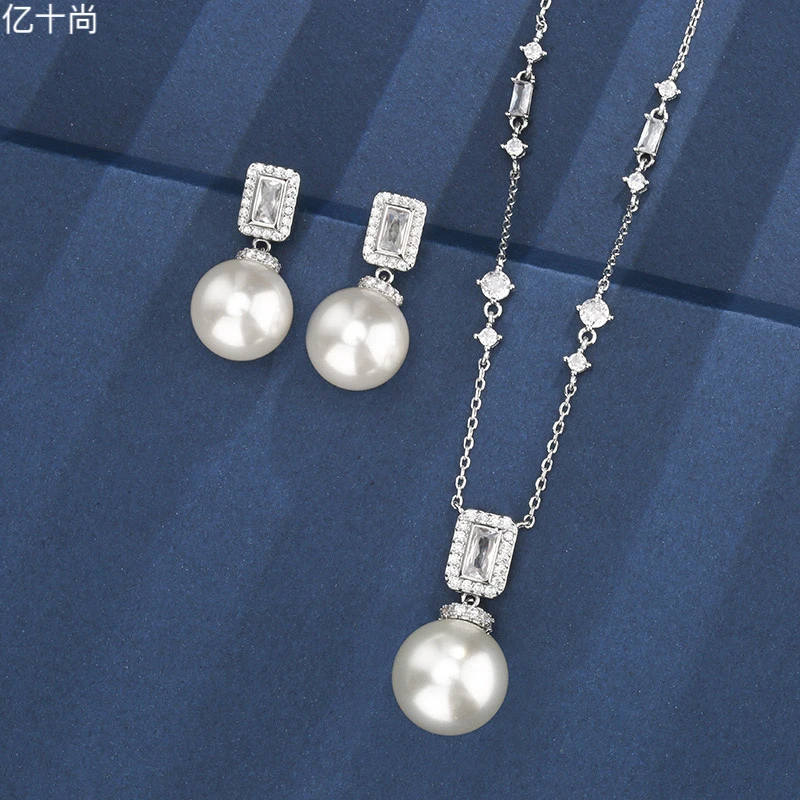 坠链均925银合成锆石 长方赚白灰金色珠高档项链耳环时尚洋气仙美