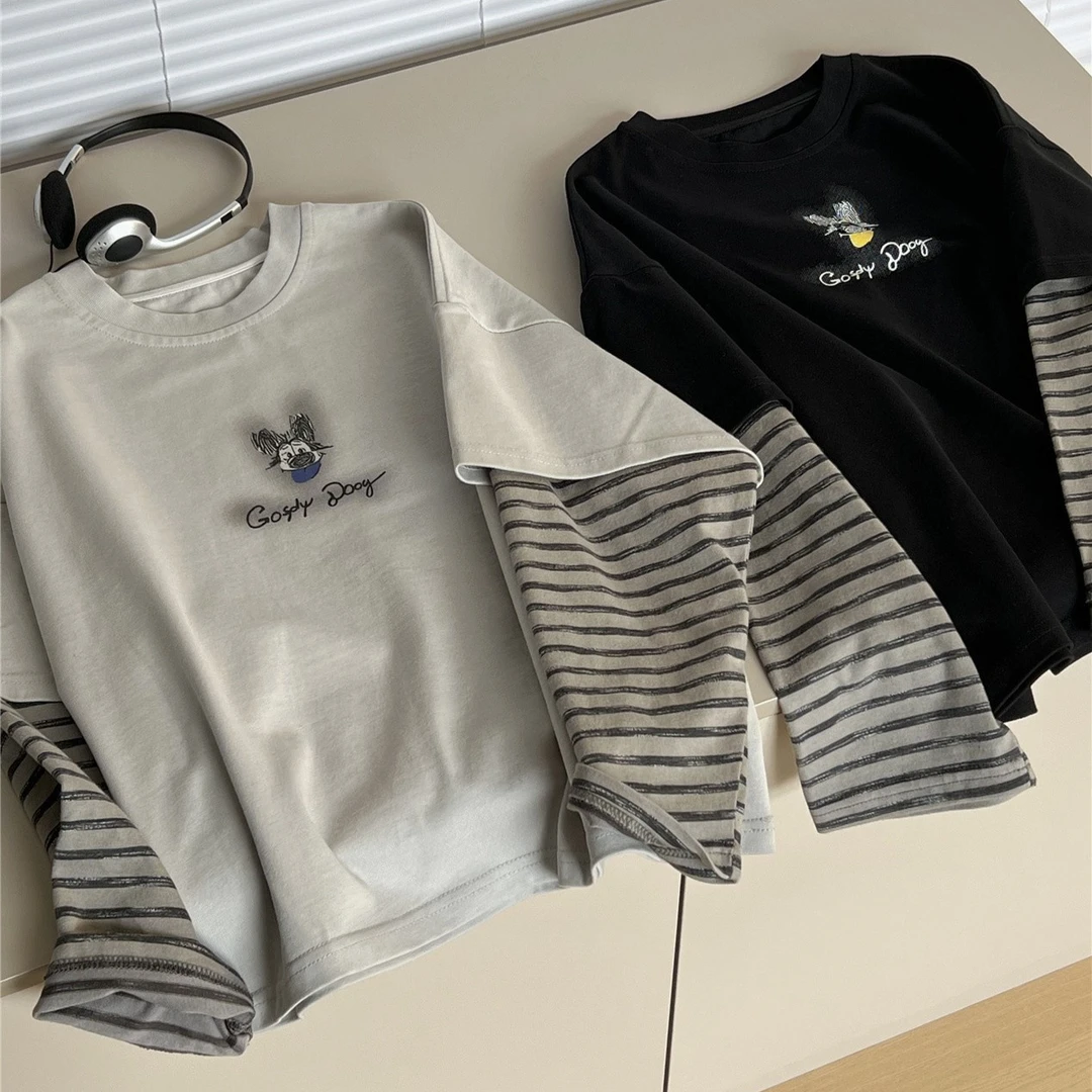 A.MUxzt2025秋款儿童假两件长袖T韩国童装 条纹袖男童中大童打底