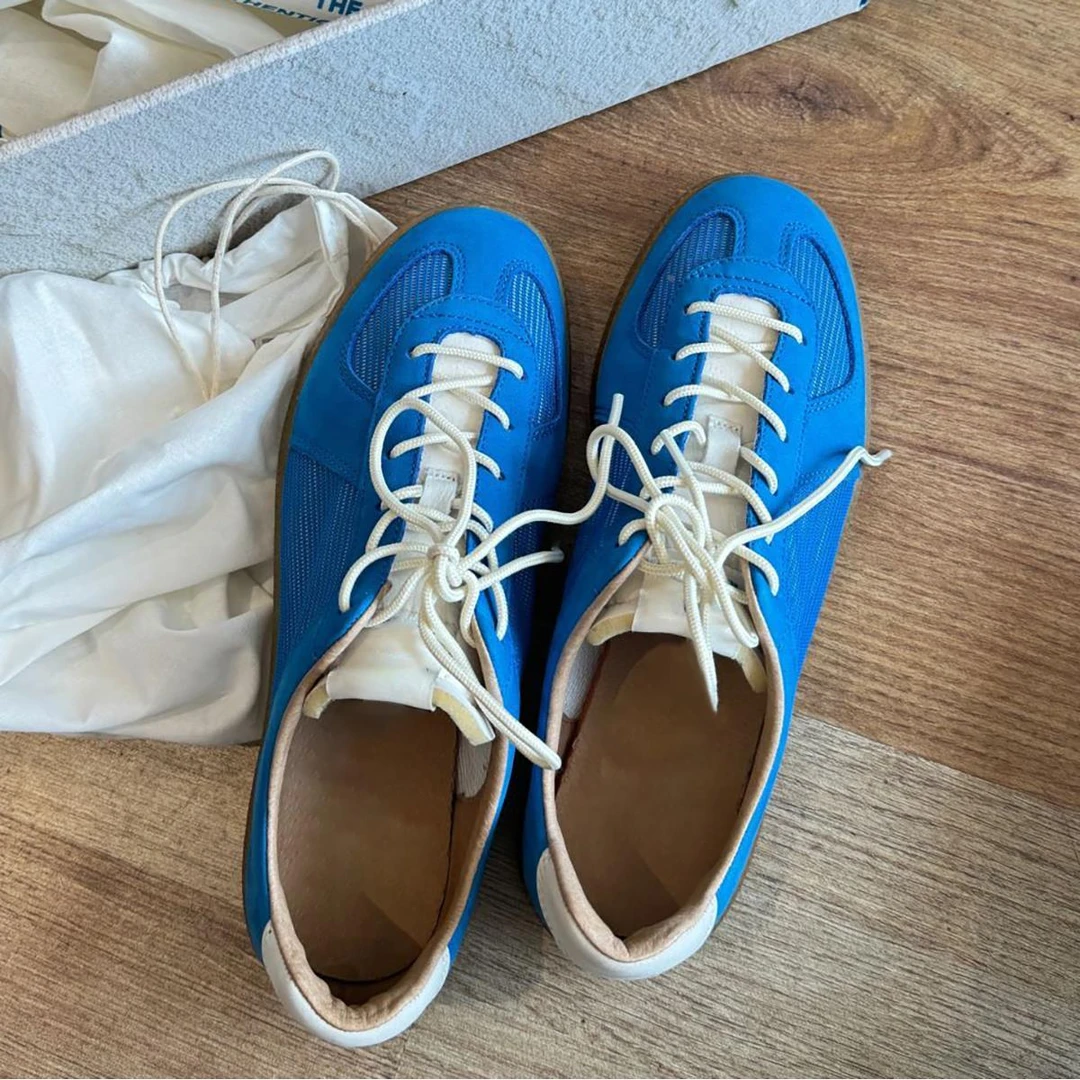 牛皮版~厚底运动蓝色德训鞋女鞋复古圆头系带休闲板鞋百搭阿甘鞋