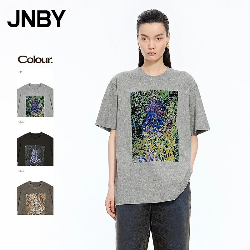 【商场同款】JNBY/江南布衣25秋T恤女植绒草地图案短袖5P7112430