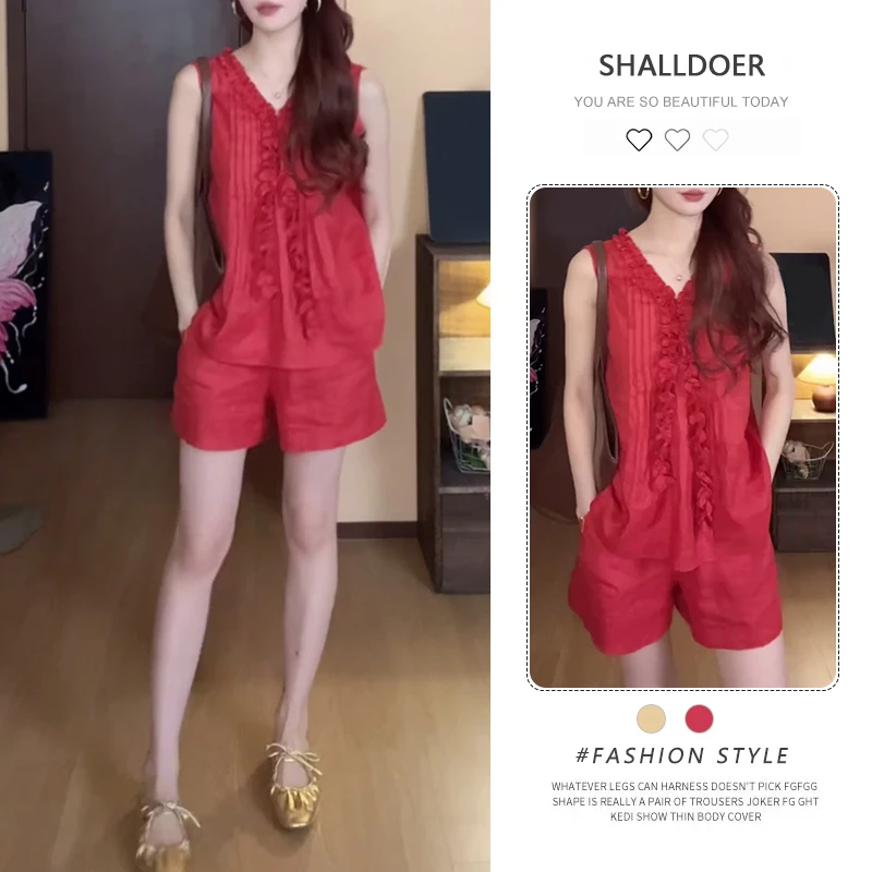 复古港风时尚穿搭女2026新款宽松显瘦V领无袖上衣休闲短裤两件套