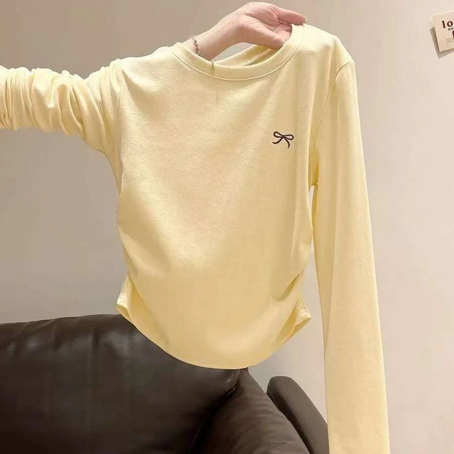 女童纯棉长袖T恤蝴蝶结印花百搭早秋韩版上衣收腰打底正肩圆领ins