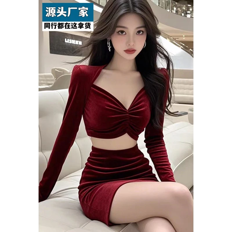梵乐芬法式轻奢风名媛气质红色丝绒礼服套装裙秋季2025新款女装