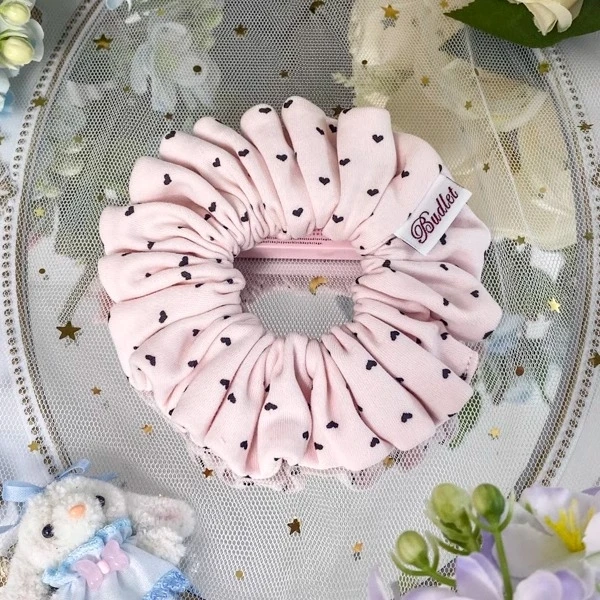 BM高级针织棉手作发圈ins粉色蓝色拼接爱心波点大肠发圈多褶少女