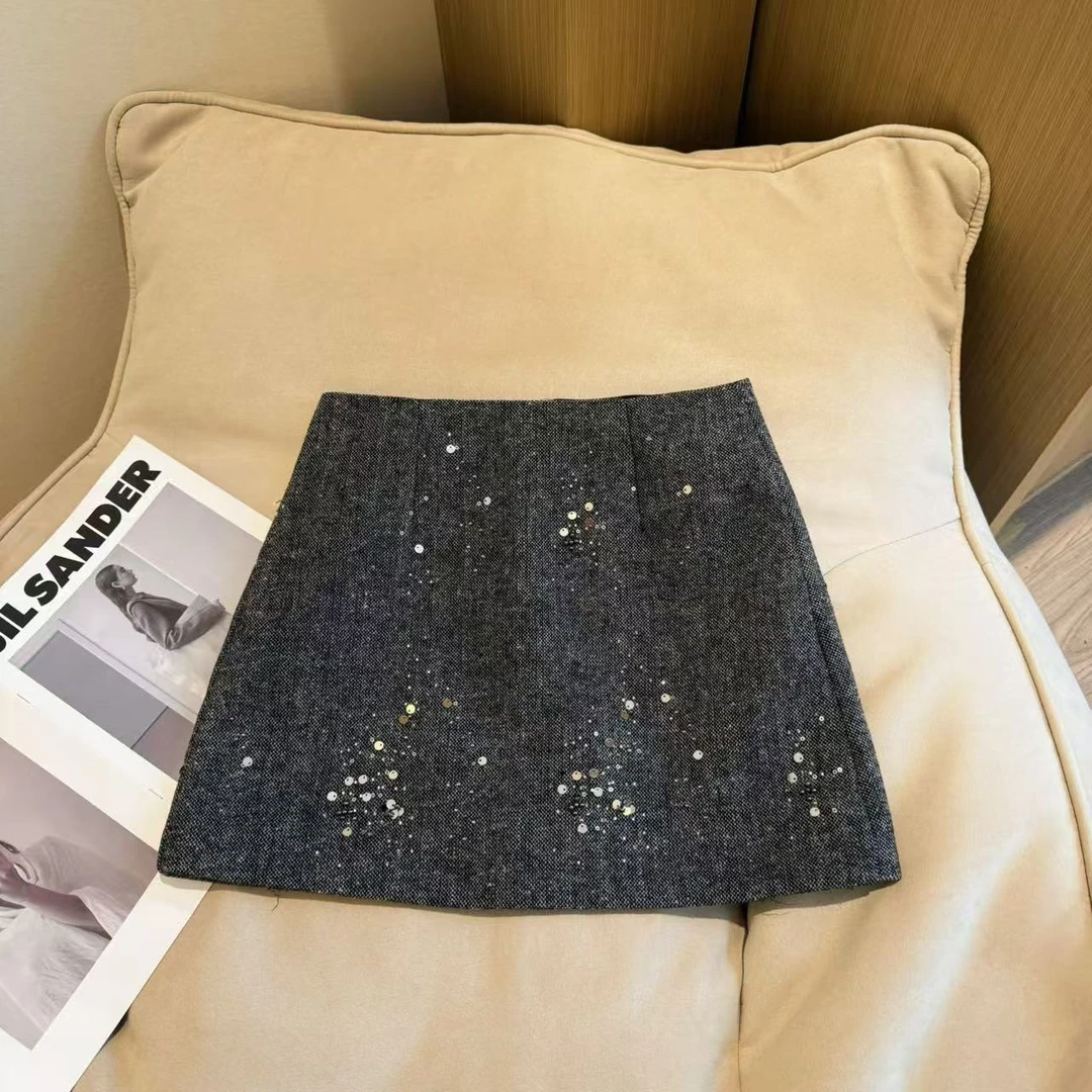 【豆子推荐】33317 冬季亮片钉珠精致A字短裙气质高腰百搭显瘦重工