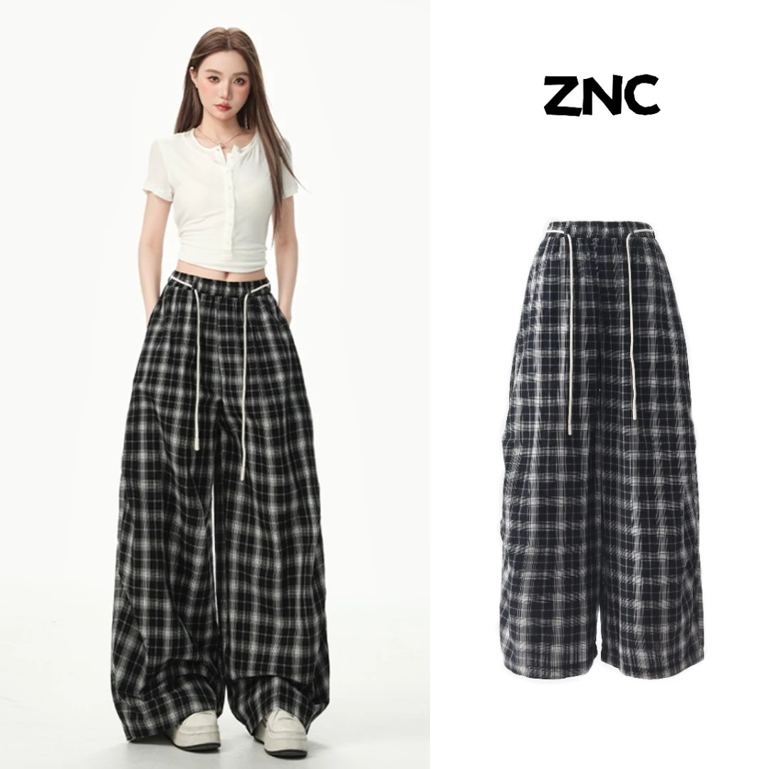 复古格子裤夏季薄款休闲裤女肌理宽松慵懒风弧形松紧腰显瘦阔腿裤