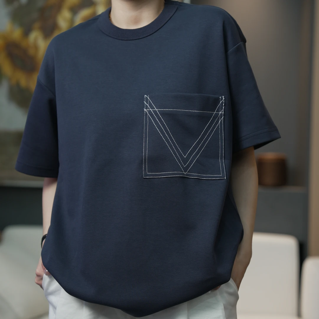 胸前口袋创意V线休闲圆领休闲百搭简约短袖T恤