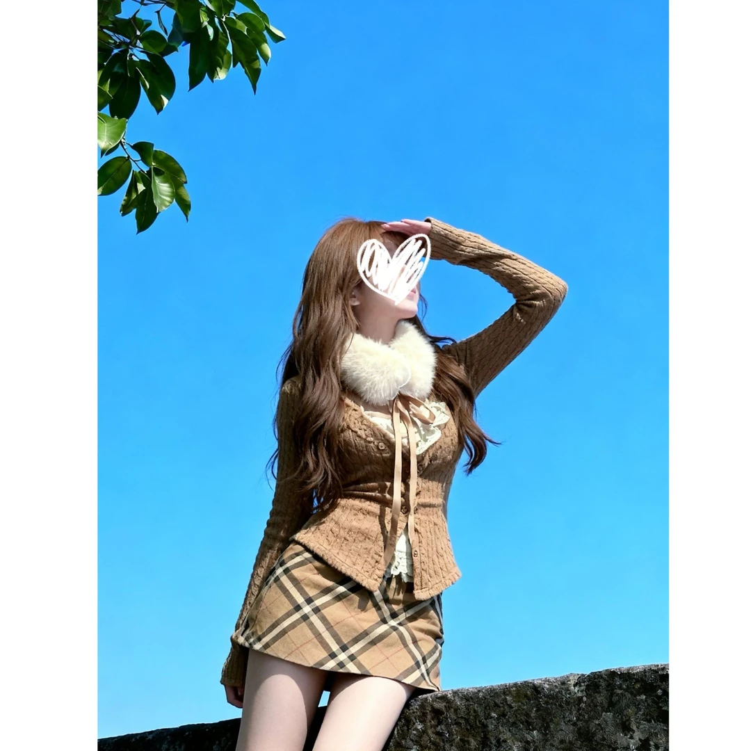 【安娜小姐】 冬季新款纯欲千金甜美百搭显瘦修身内搭开衫半裙套装