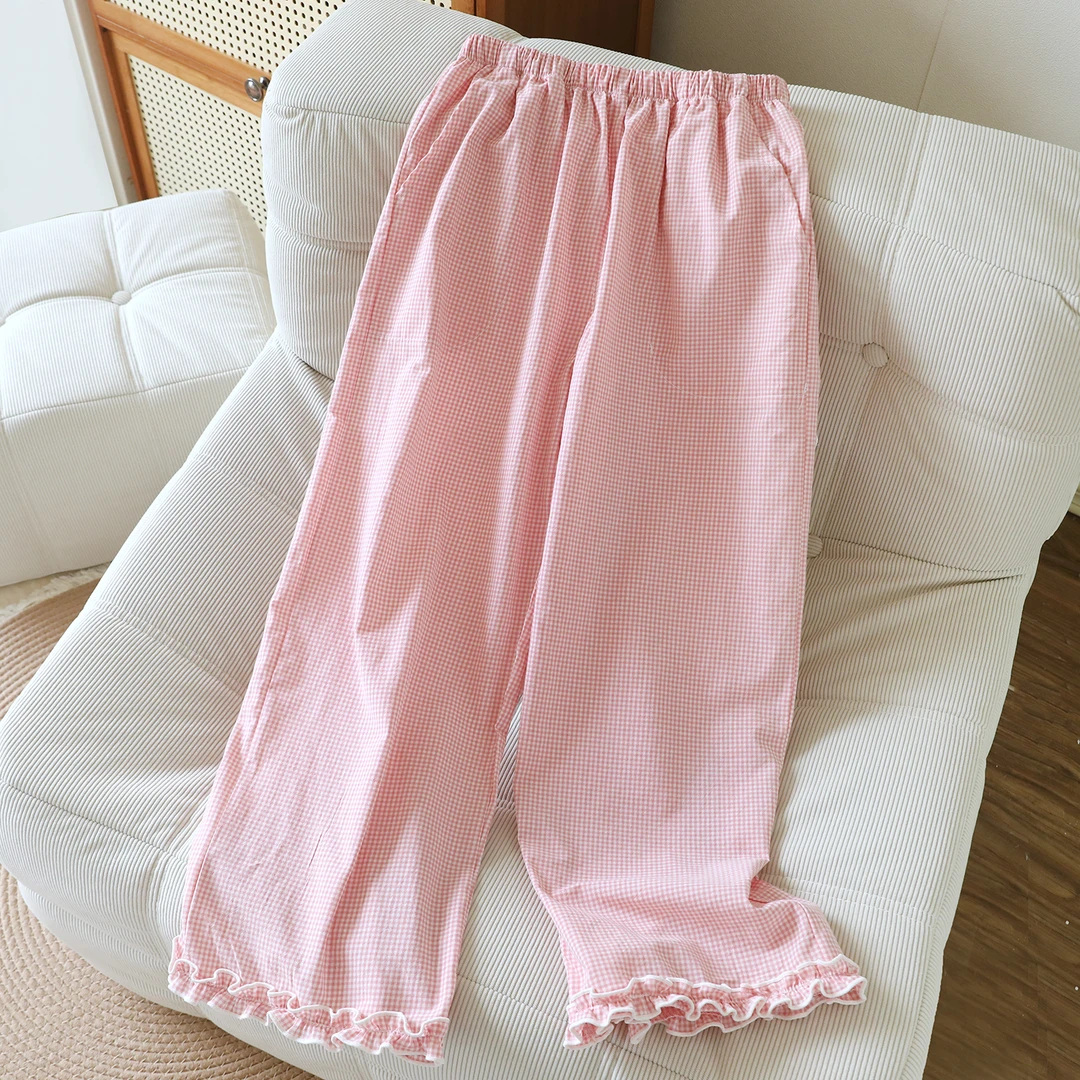 纯棉纱布睡裤女款夏季薄款甜美粉格子九分裤夏天可外穿休闲遛弯裤