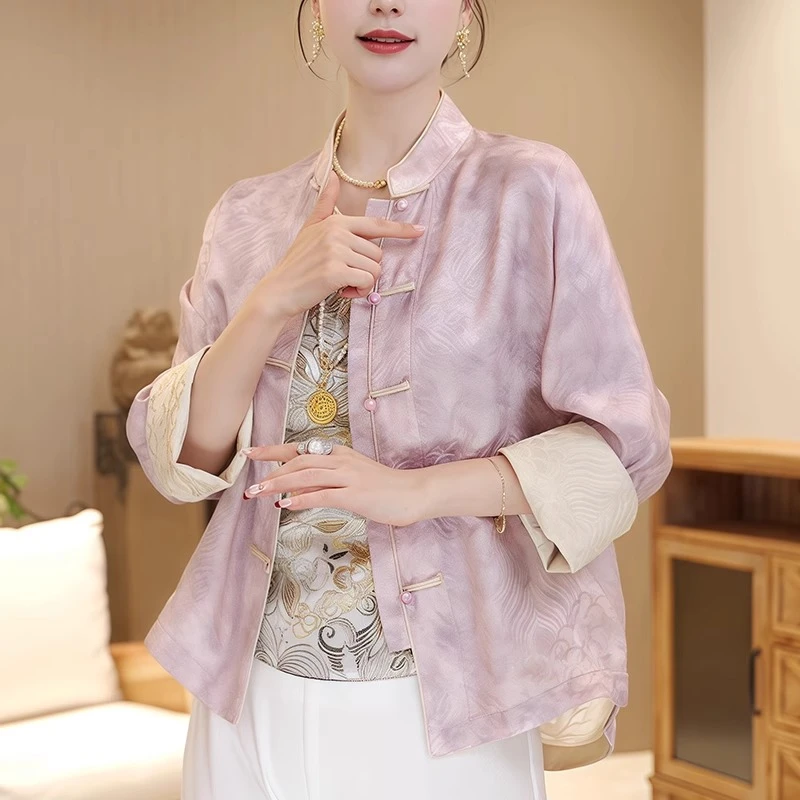俏芭汀新中式国风外套2025妈妈双面穿春季复古盘扣提花唐装上衣女