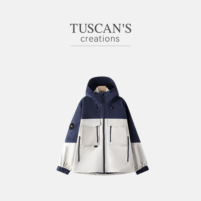 TUSCAN'S CREATIONS时尚潮流百搭日常休闲拼色防风冲锋衣连帽外套