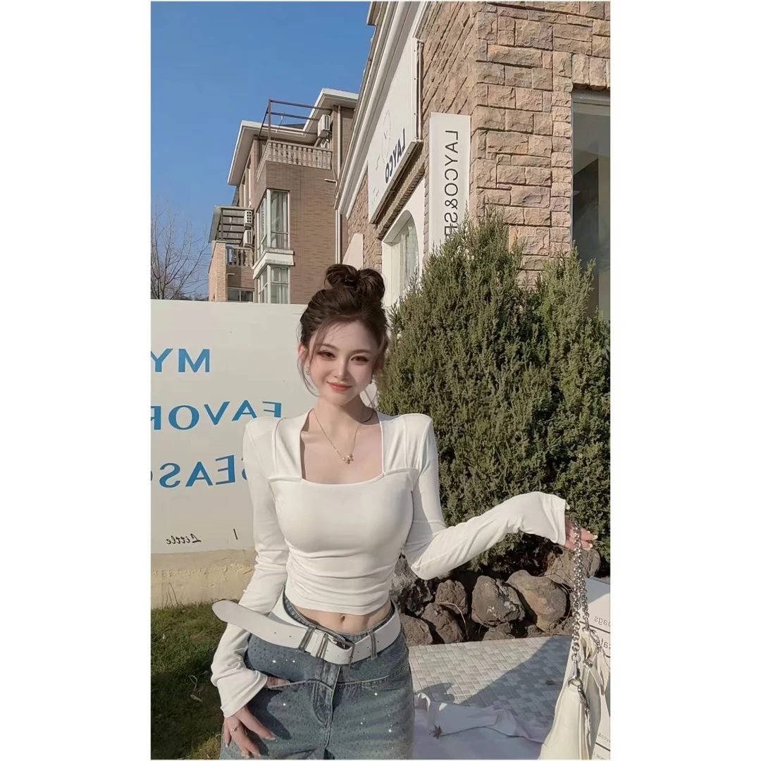 曼曼【方糖百利】洋气设计感方领正肩T恤