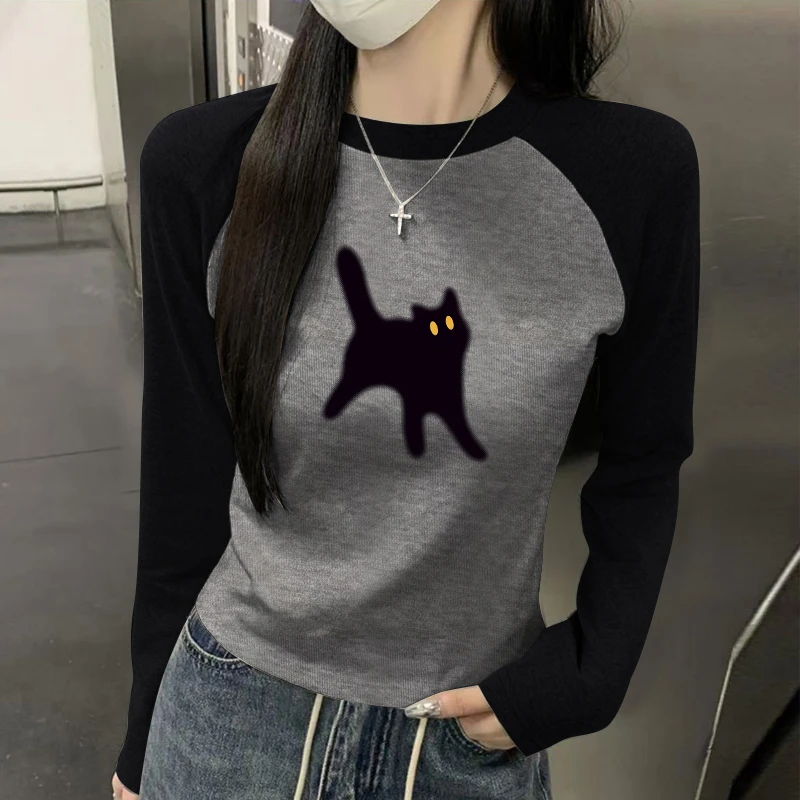 德绒圆领长袖加厚打底t恤显瘦小众内搭修身印花韩版撞色秋冬上衣