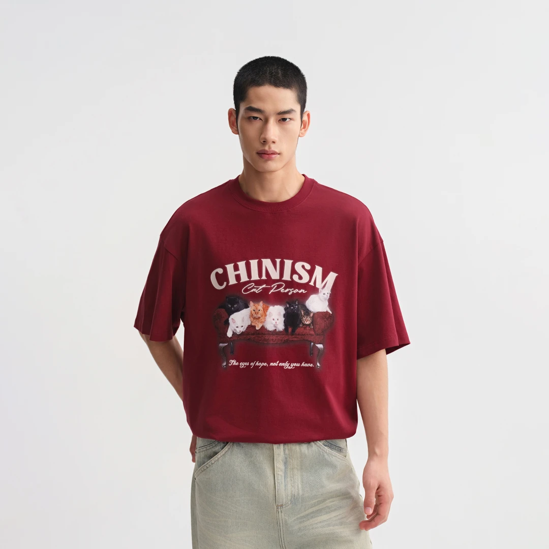 CHINISM赤尘猫咪印花短袖T恤男新款美式亲肤纯棉半袖男士男装上衣