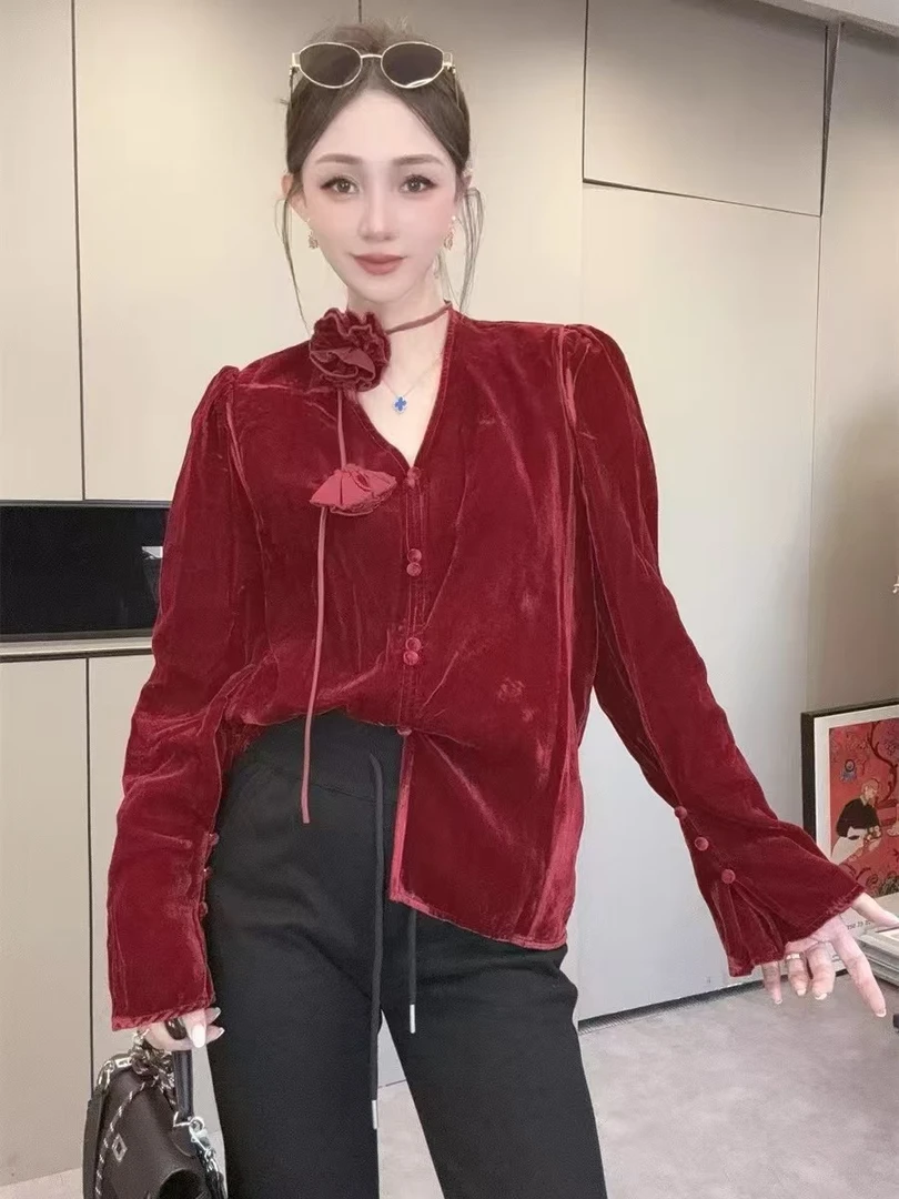 法式优雅~气质女人味重工花朵系带v领真丝丝绒上衣女显瘦洋气衬衫