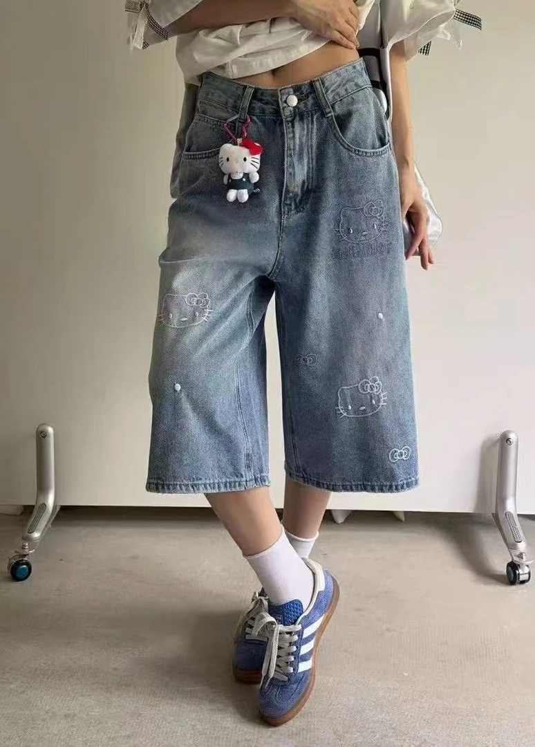 Z.X 猫咪卡通刺绣牛仔七分裤（无公仔挂饰） 18278（K5C）