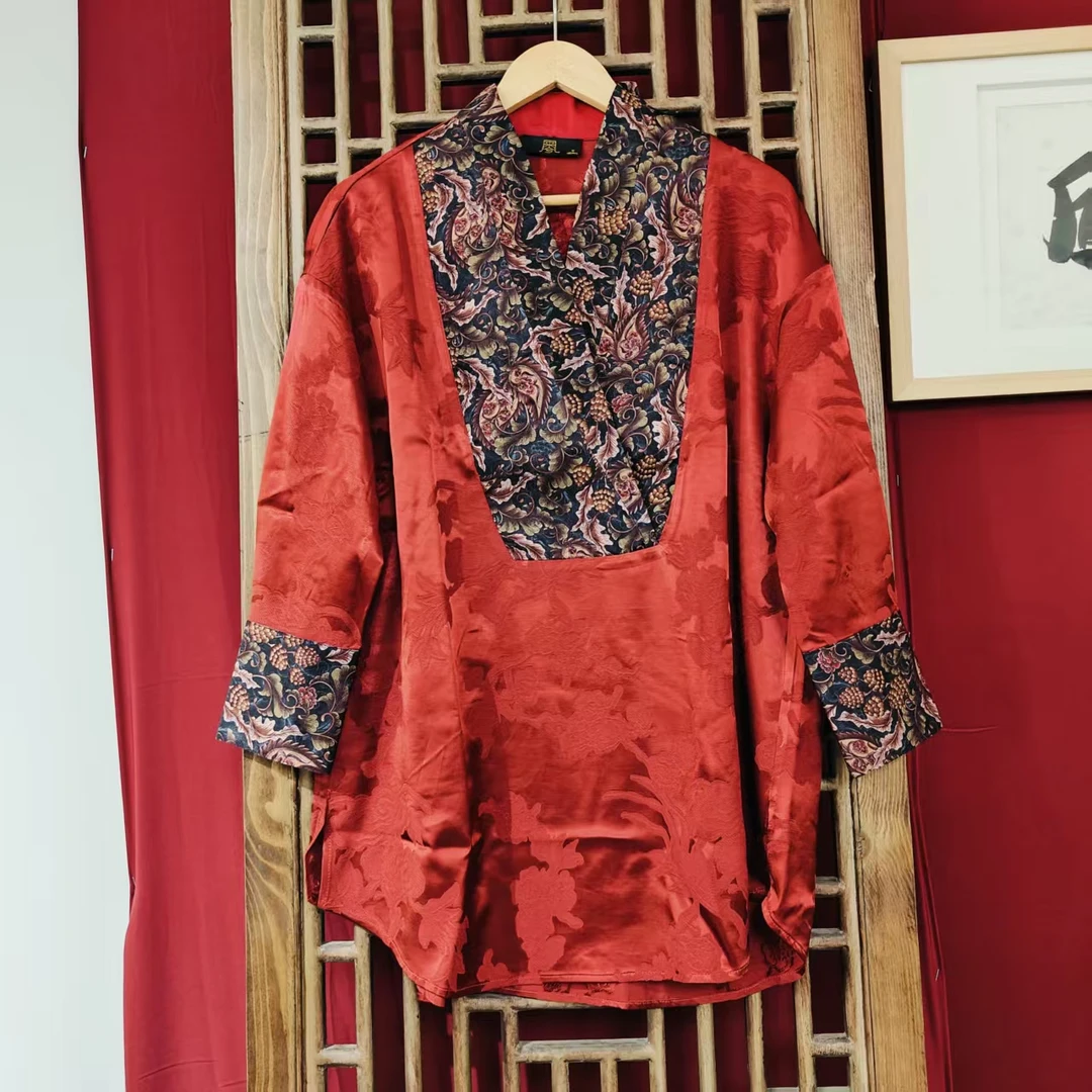 （LS848）凤徕兮私人定制红底暗纹花V领拼接上衣