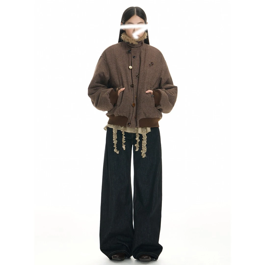 美式复古休闲上衣翻领长袖短款厚外套冬季加绒保暖棉衣