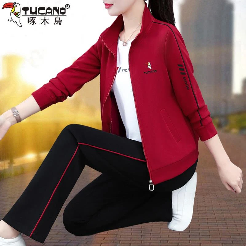 啄木鳥运动套装女春秋2025新款中老年妈妈减龄宽松开衫休闲三件套