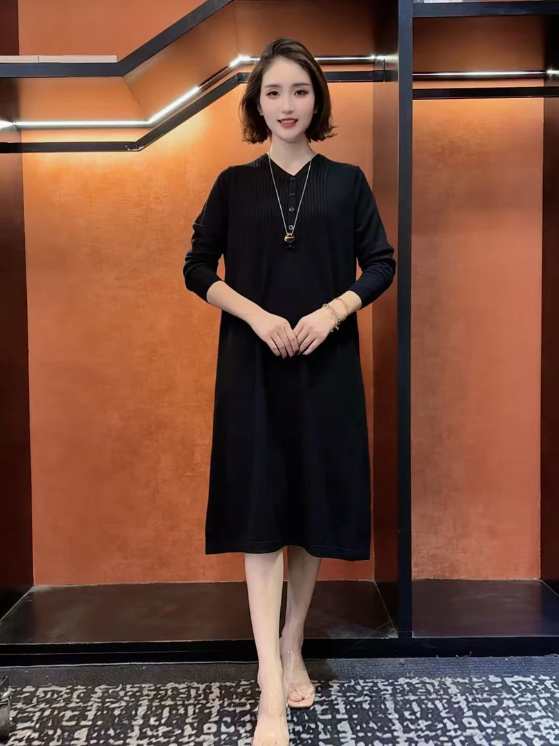 763 黑色时尚中长袖裙子秋冬气质大码新款针织连衣裙