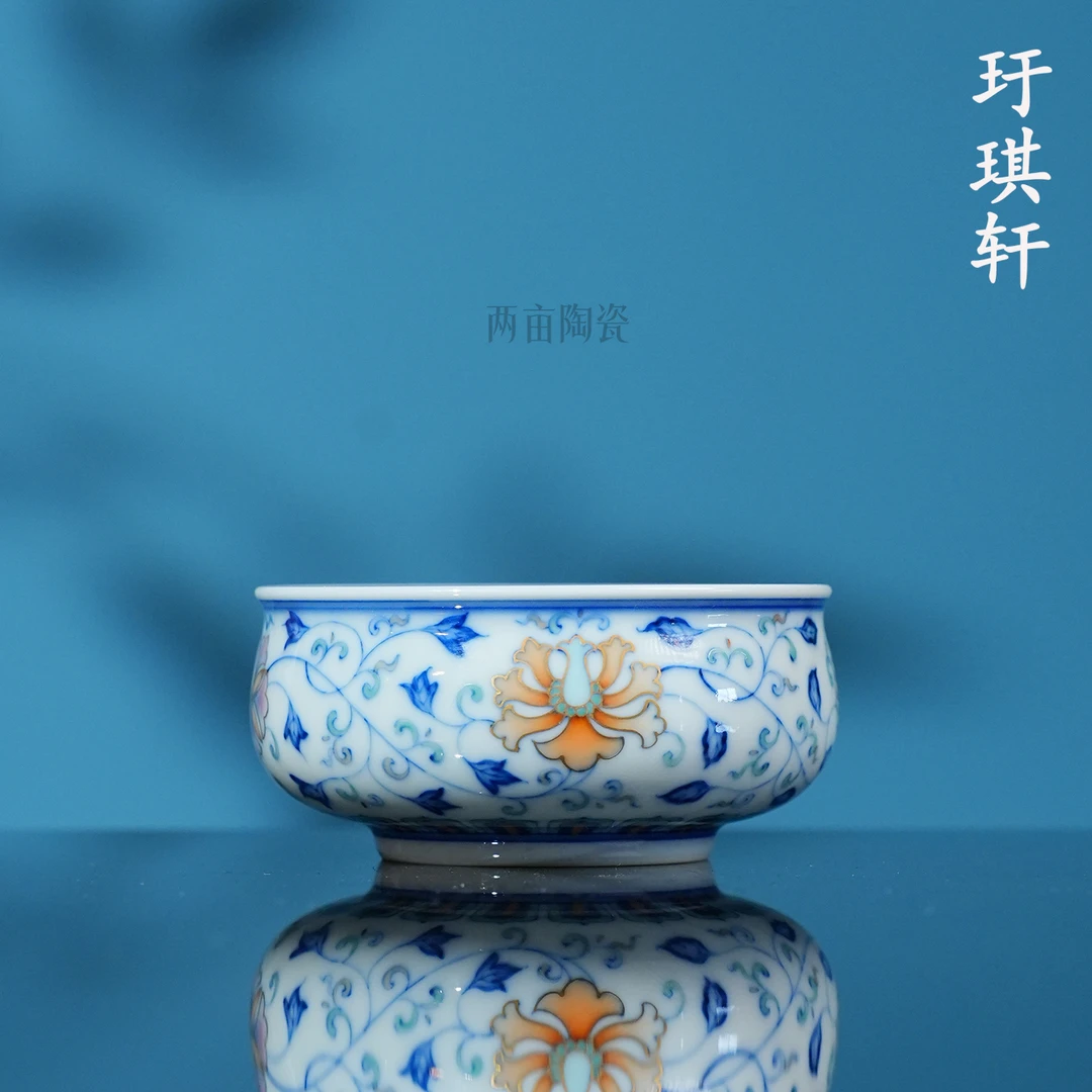 玗琪轩柴窑掌上莲好运莲莲炉式杯90ml 景德镇手工中式青花主人杯