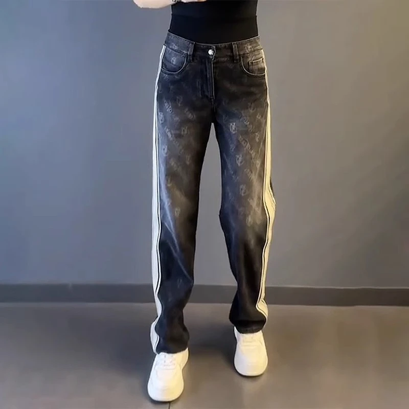 轻奢男装大码潮牌男士休闲长裤潮时尚秋冬宽松织带痞帅牛仔裤直筒