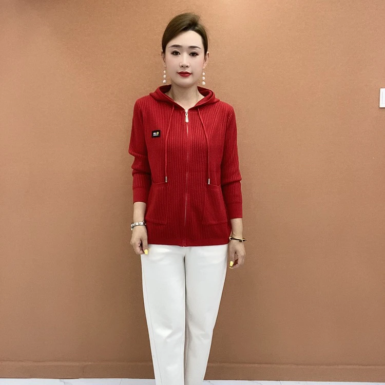 薄款秋冬拼接开衫款春秋衫宽松连帽拼色毛针织衫