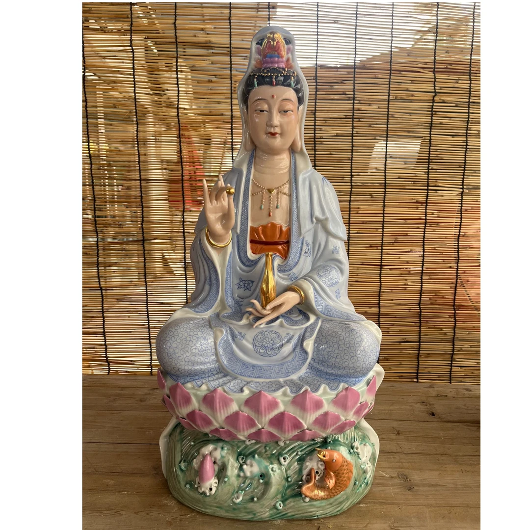 精品坐莲观世音菩萨景德镇陶瓷手工描金净瓶观音老款坐姿家用摆件