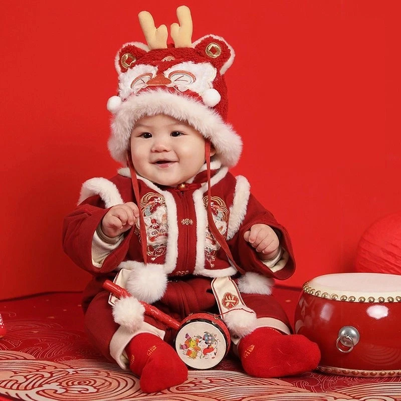 婴儿冬季连体衣男女宝宝加厚喜庆拜年服百天周岁加绒加厚外出服