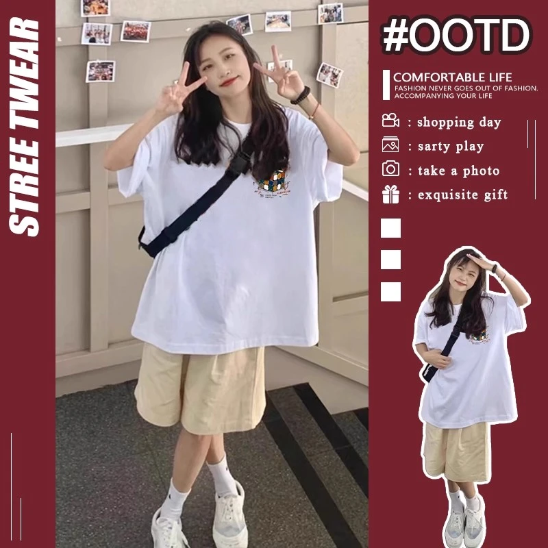 胖mm300斤夏季款别致魔方印花宽松简约白色圆领T恤ins显瘦百搭潮