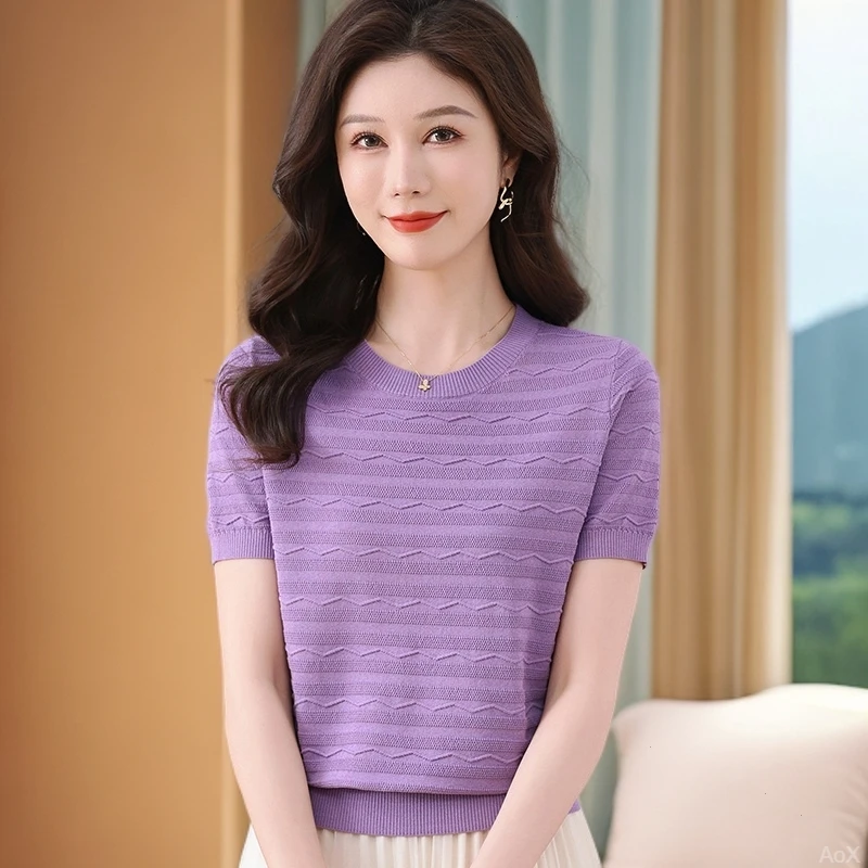 妈妈装冰丝针织t恤女2025夏季新款洋气时尚舒适透气减龄别致上衣