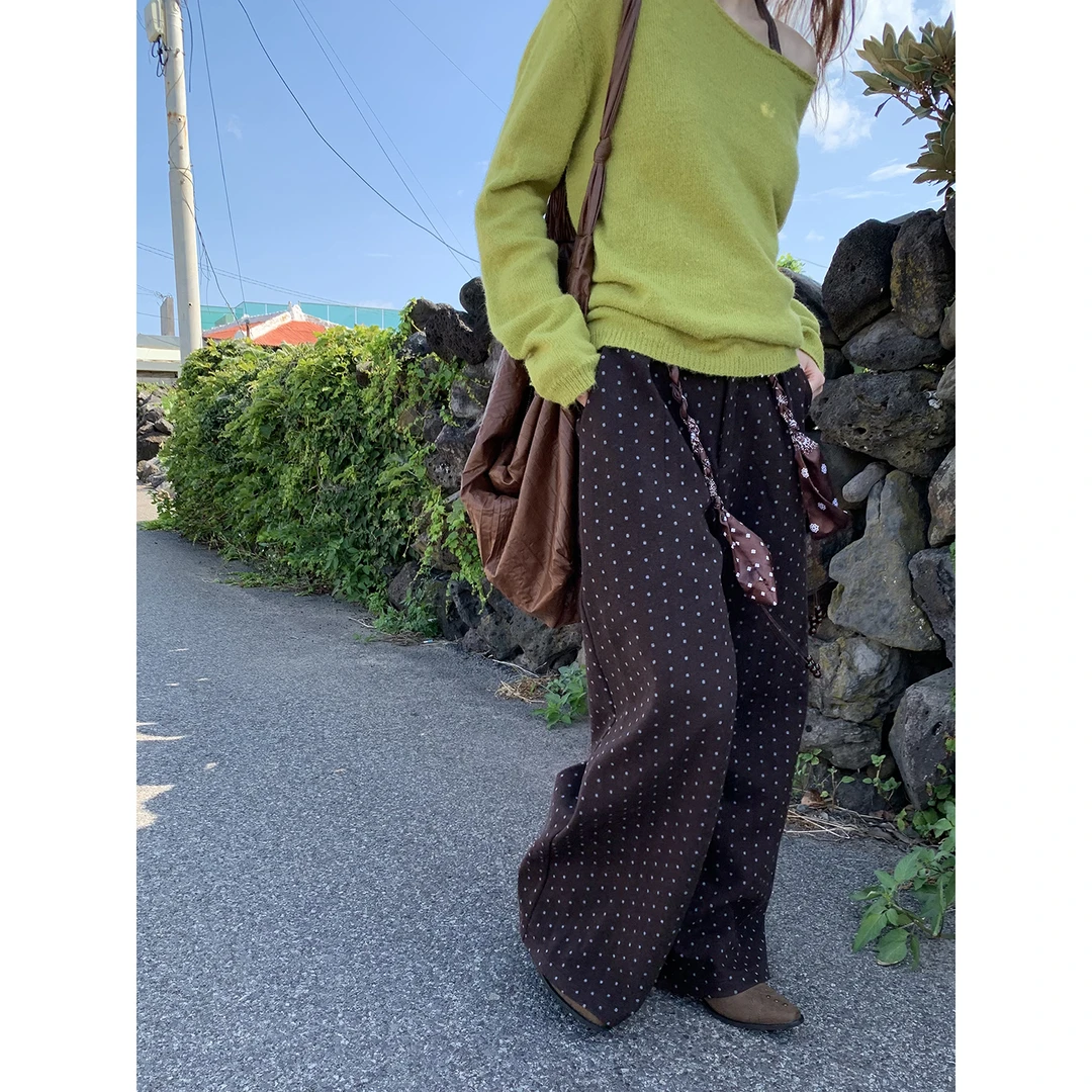 【波点裤】秋冬复古美式波点通勤直筒系绳休闲裤253A4006
