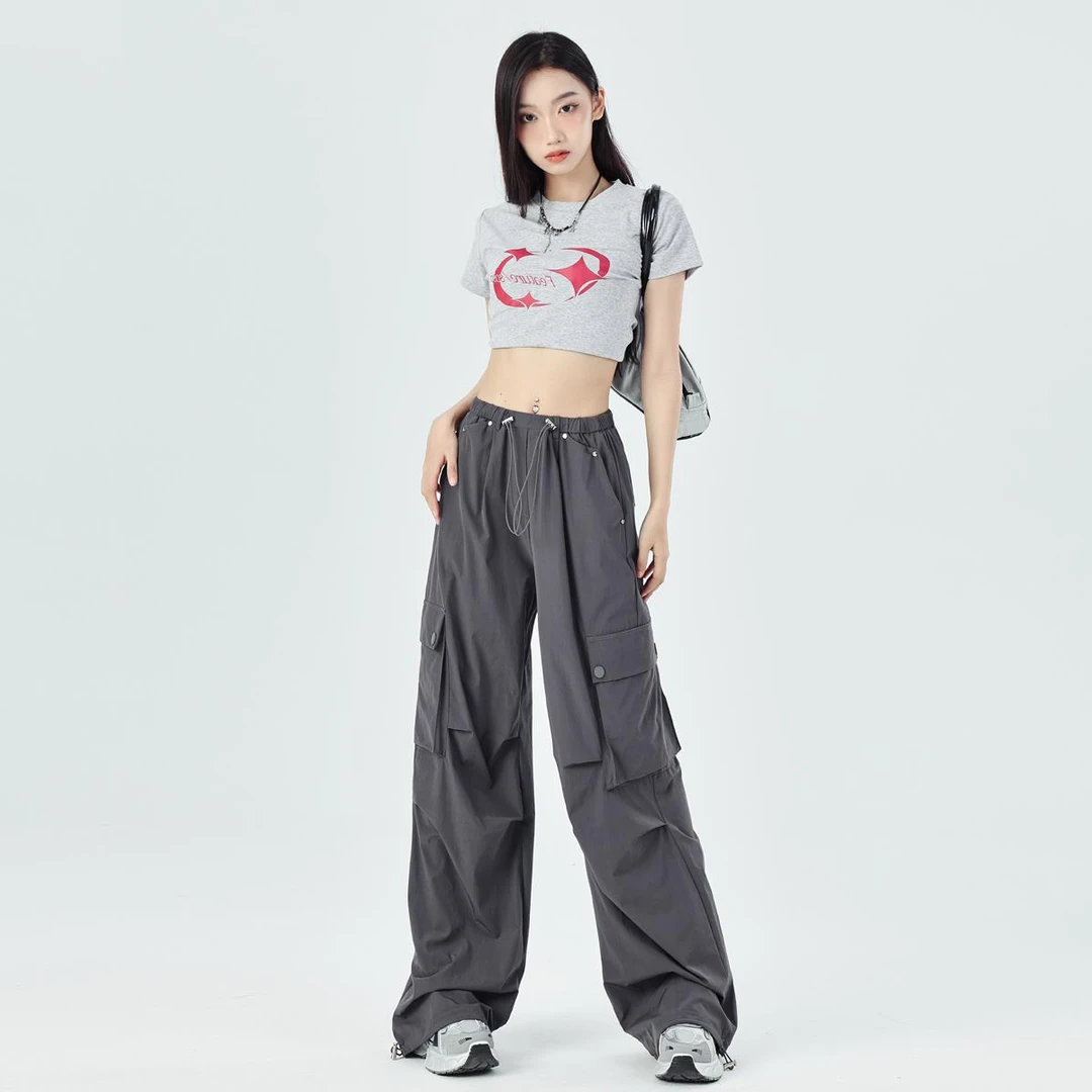 中腰薄款阔腿休闲工装裤女2024新款速干登山裤抽绳束脚裤百搭直筒