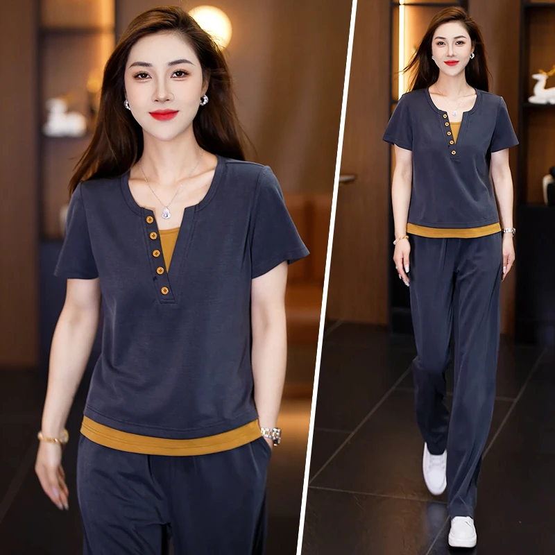 时尚休闲运动套装女夏季2025新款韩版短袖长裤大码宽松夏装两件套