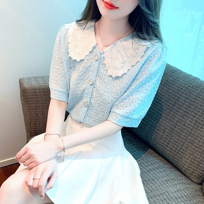 2025夏季新款 娃娃领衬衫女设计感镂空蕾丝衫短袖上衣女
