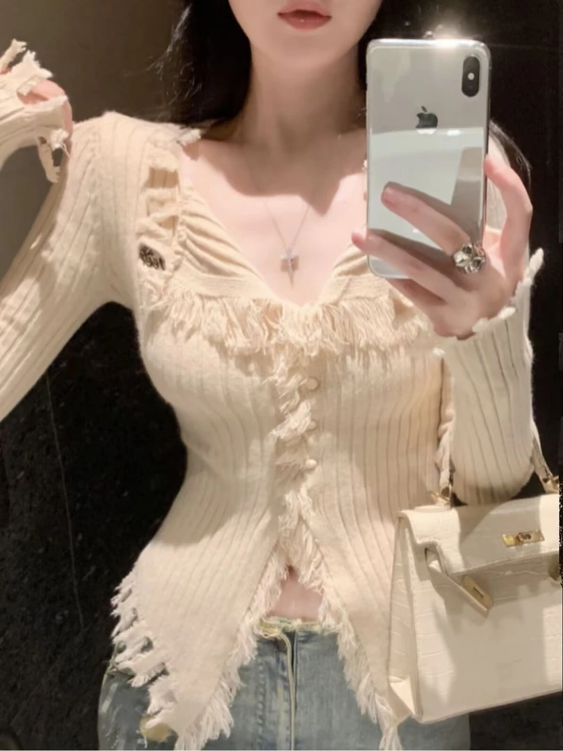 【小可爱专属】女装秋冬纯欲风V领毛衣设计感毛边针织衫上衣8190