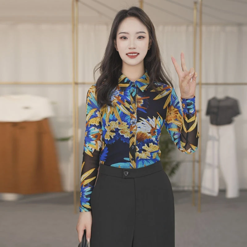 {专柜}商场同款2025春秋经典百搭修身网纱印花长袖衬衫1300782