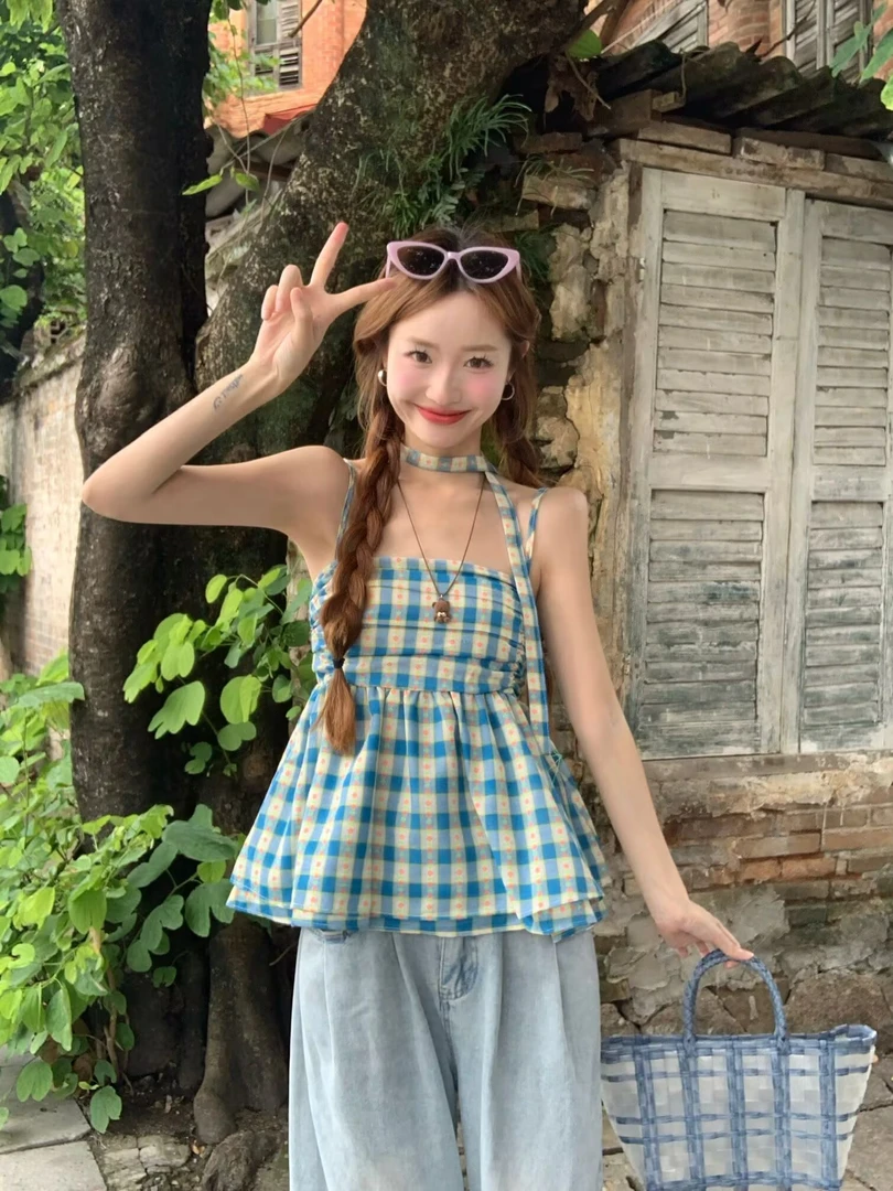 2025夏季新款韩系格子碎花衬衫甜辣妹飞飞袖小衫别致飘带上衣女装
