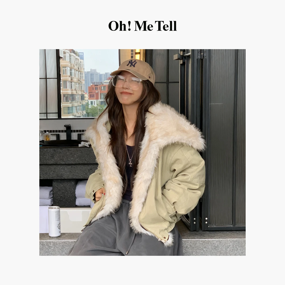 Oh！Me Tell【可拆卸毛领羽绒派克服】重工水洗短款夹克毛毛外套女