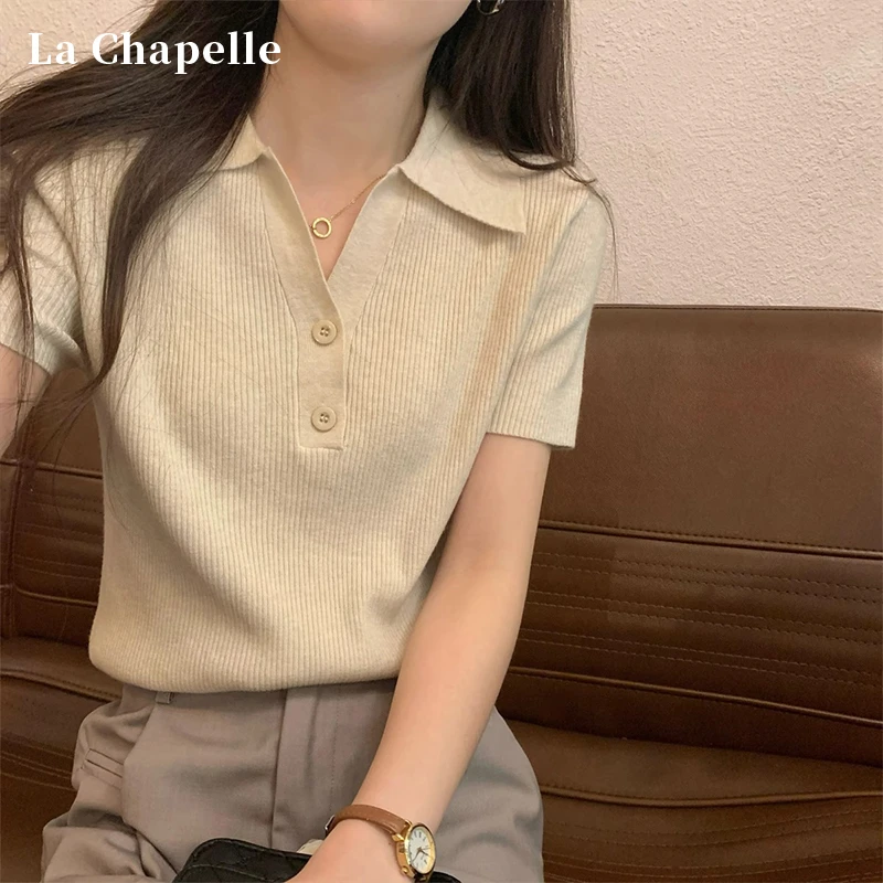 拉夏贝尔纯欲风小衫女春夏新款高级设计感显瘦别致polo领针织上衣