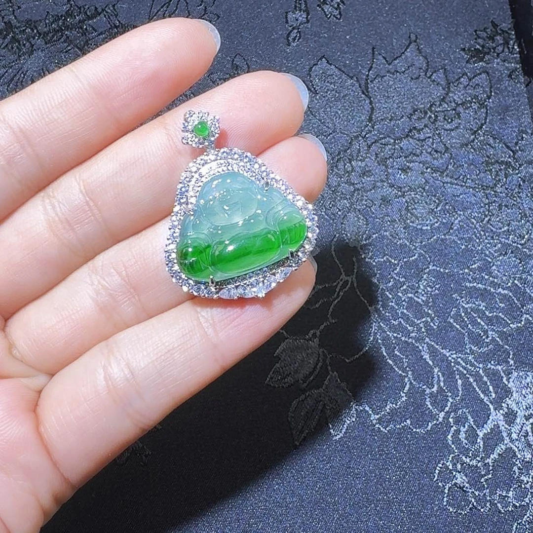 翡翠吊坠(不含链)银S925镶嵌佛公