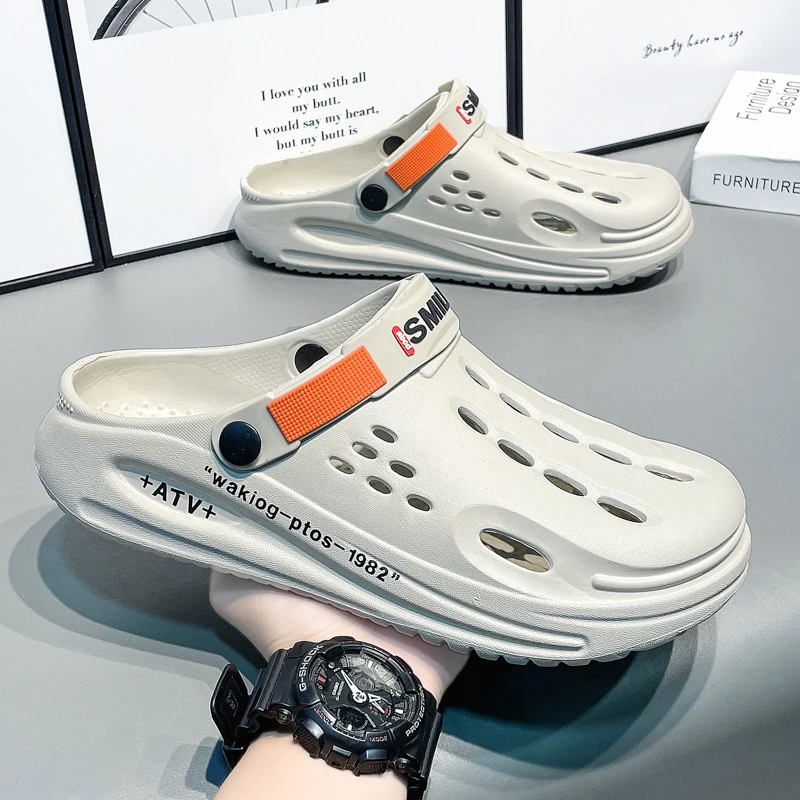 运动洞洞鞋男款2025夏季外穿厚底踩屎感大码包头拖鞋男士开车凉鞋