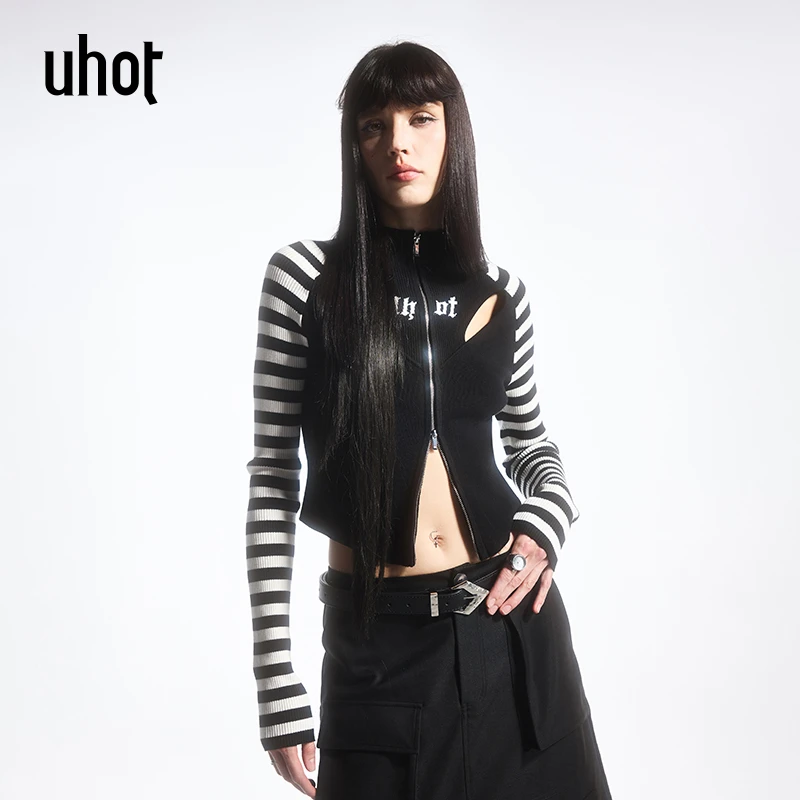 UHOT/诱货黑白色撞色条纹开衫修身显瘦休闲时尚酷辣百搭UWFW1Z059