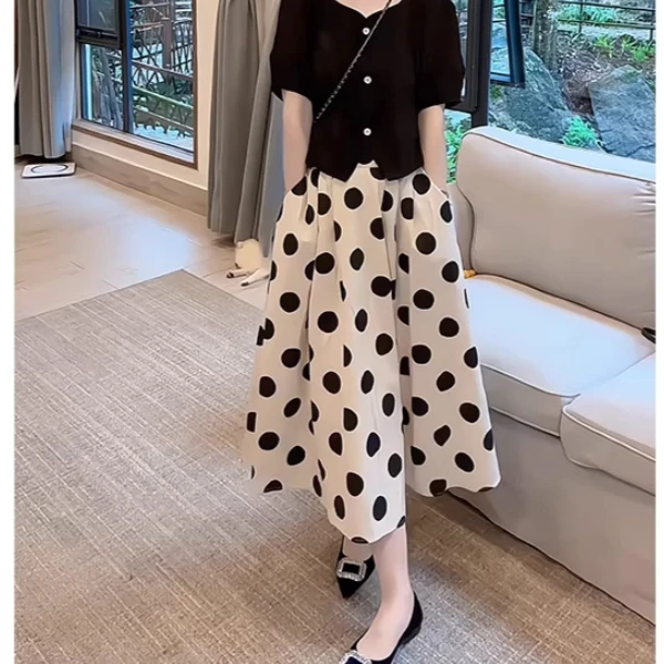 波点半身裙女夏季2025新款高腰显瘦遮垮宽松气质休闲a字大摆裙子