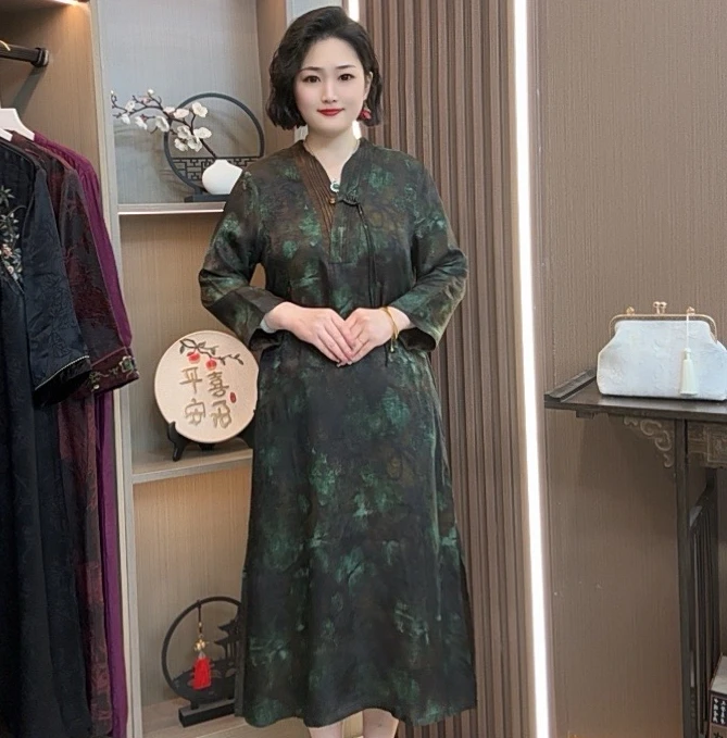 【山水】2025新款高端重磅时尚中国风印花遮肉显瘦改良连衣裙